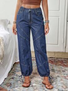 EMERY ROSE Jeans décontractés pour femmes avec cordon de serrage et ourlet - Bleu azur - Voir 8