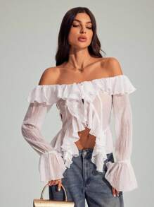 SHEIN Tall 春夏纯白色性感浪漫单肩荷叶边长袖不对称吊带荷叶边下摆女士长袖淑女衬衫、度假旅行衬衫、情人节衬衫、甜美浪漫衬衫、日常通勤衬衫、公主衬衫、白衬衫、生日衬衫、婚礼伴娘礼服衬衫 - 白色 - 查看 7