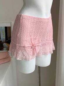 Comfortcana 女式花卉蕾丝荷叶边下摆装饰3D花朵时尚短裙 - 粉色 - 查看 4