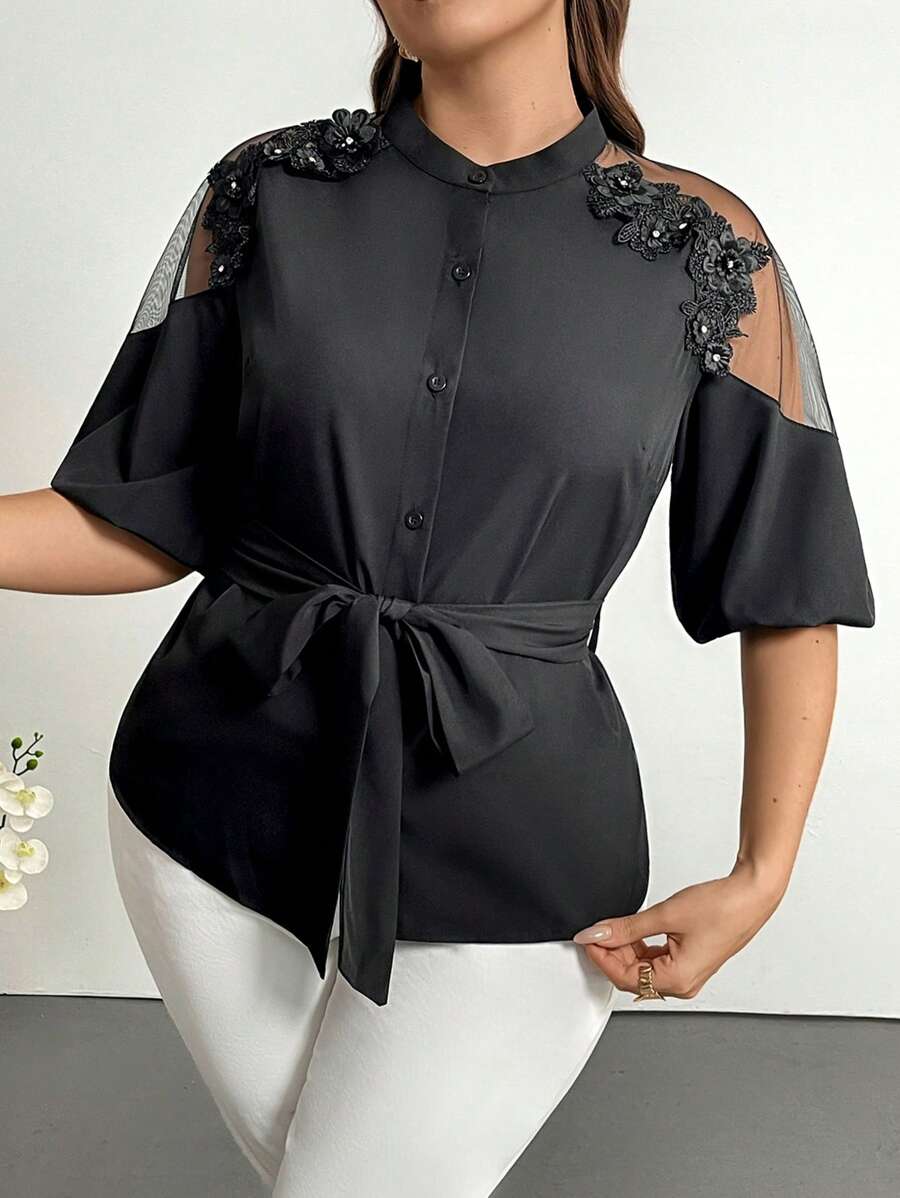 Firerie Plus Size Women 3D Embroidered Patchwork Long Elegant Blouse In Black - Black - View 1