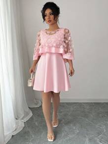 Elenzga 大码女式樱花网状披肩圆领纯色优雅连衣裙