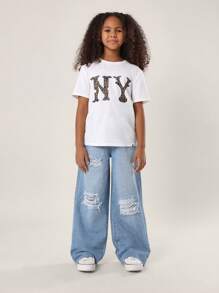 SUMWON 青少年豹纹纽约标志图案短袖T恤休闲夏季青少年时尚街头服饰团队设计 - 白色 - 查看 3