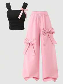 少女优雅简约蝴蝶结无袖短款上衣 + 宽松工装裤 2 件套 - 黑色 - 查看 7