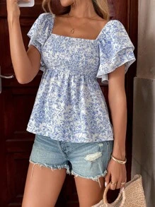 Pariaura Women's Floral Print Ruffle Hem Short Sleeve Vacation Fashion Blouse