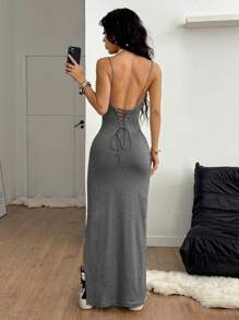 Coolane Women's Summer Streetwear Concert Date Night Vacation Outfits Y2K Woven Tape Split Long Dress