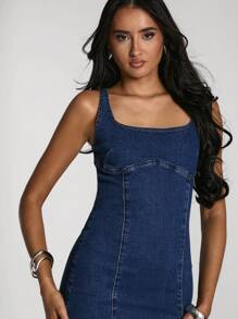 SHEIN BAE 女式方领无袖修身牛仔迷你连衣裙，侧开衩下摆，夏季适用 - 深色水洗藍 - 查看 5