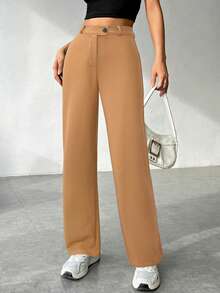 SHEIN EZwear 女式巧克力棕色拉链直筒裤 - 巧克力棕 - 查看 3