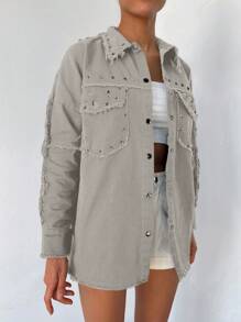 Cottnline Chaqueta De Mezclilla Para Mujer Con Tachuelas Y Borde Deshilachado - Blanco - Ver 3