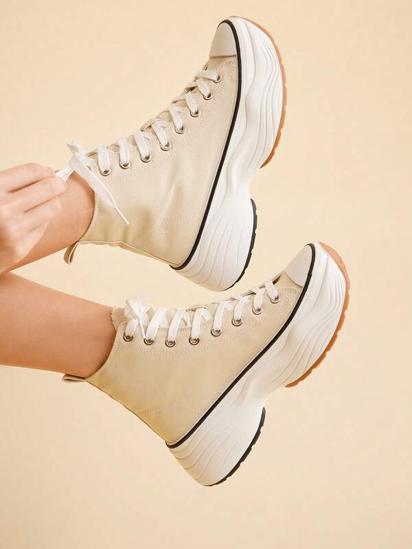 CUCCOO EASI Damskie modne czarne grube podeszwy, okrągłe noski, oddychające, płócienne trampki o średniej wysokości