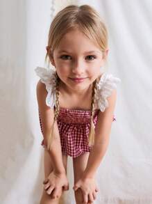 Maija Kids Maija Kids 小女孩刺绣吊带格子泡泡袖连衣裙背心短裤套装