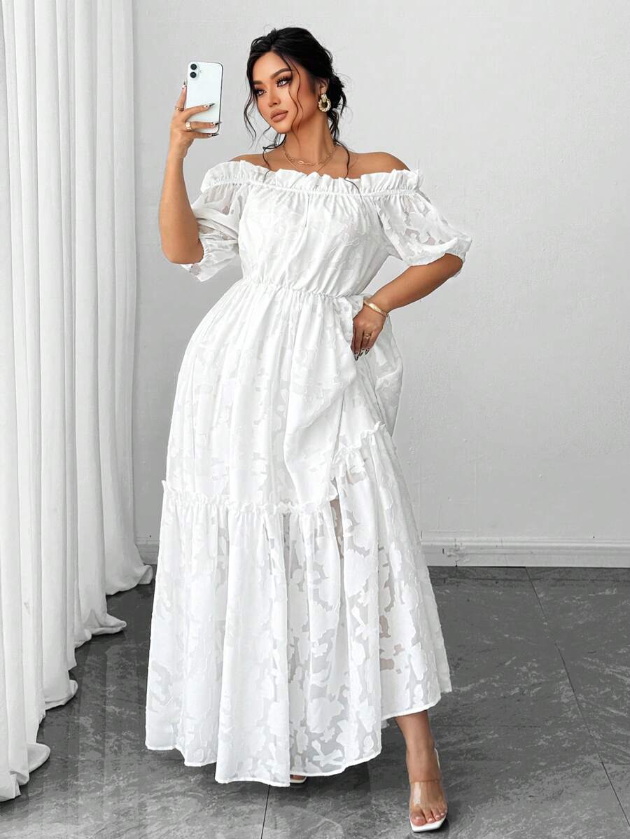 Vionelle Plus Size Elegant Solid Color Off Shoulder Dress - White - View 1