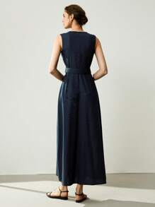 Uhlyne Uhlyne Rochie lungă din in, elegantă, fără mâneci, pentru femei (cu curea) - Albastru marin - Vizualizare 5