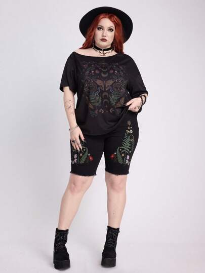 EDITION Short en jean skinny de grande taille aux motifs gothiques et inspirés de la nature, brodés