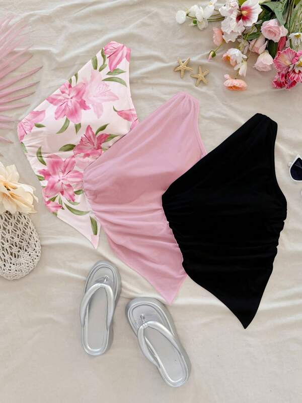 Soleia Set de 3 blusas de mujer con estampado floral y unicolor, adecuado para el verano