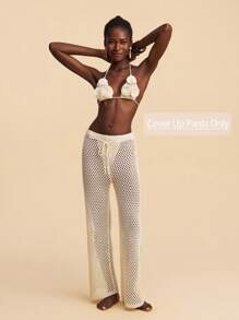 Travachic Women Solid Color Hollow Out Knitted Cover Up Pants,Beach,Summer,Vacation, Crochet - Apricot - View 7