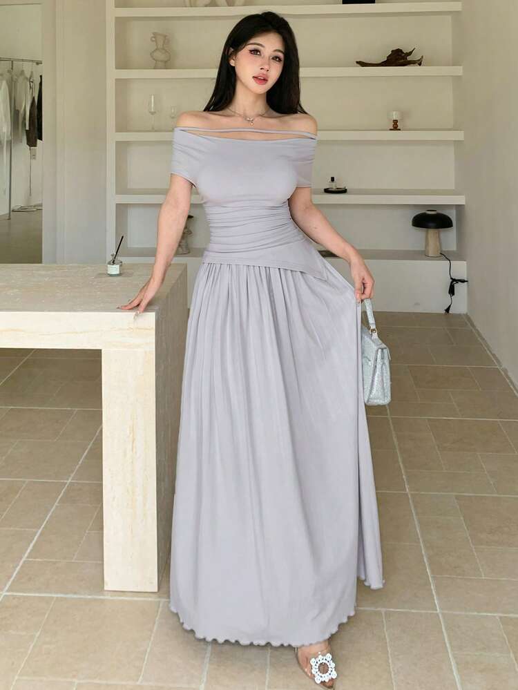 Spring/Summer Fitted Solid Color Minimalist Tie-Up Off Shoulder Top And Asymmetric Hem A-Line Skirt 2 Pieces Set For Women