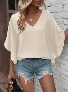 EMERY ROSE Casual Minimalist Solid Color Batwing Sleeve Shirt For Holiday - Apricot - View 4