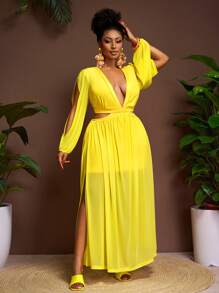 Veslaya 2015 New Vacation Party Going-Back-To-School Season Light Yellow Sheer Lace Hollow-Out Waist Maxi High Split Dress, Plus Size - Yellow - View 4