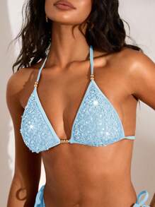 Opulessa 女式夏季海滩度假风格亮片蕾丝拼接露背吊带比基尼上衣 - 藍色 - 查看 6
