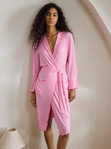 Ocili Leisure Women's Comfy Rib-Knit Colorblock Ruffle Trim V-Neck Soft Short Robe, Loungewear Holiday Season  Cozy And Elegant Details, Fall Outfit