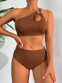 Shapewave 2 件套女士纯色比基尼套装，纹理面料，单肩镂空设计，配有优质金属环，交叉后背带，露背，高腰比基尼泳裤，休闲海滩度假运动泳装 - 棕色 - 查看 5