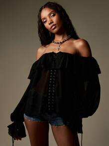MISSGUIDED Off Shoulder Chiffon Blouse Lace Up Corset Style Top Long Balloon Sleeve Ruffle Trim Autumn Winter Fashion Party Top - Black - View 1