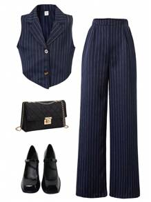 Sparklyn Tween 女孩优雅都市通勤蓝白条纹西装背心和裤子两件套，优雅适合婚礼、婚礼宾客