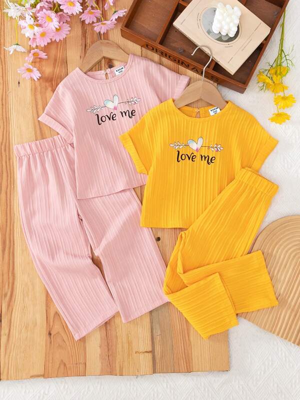 2pcs/Set Young Girl Letter & Heart Graphic Short Sleeve T-Shirt And Pants, 2 Pieces Outfit