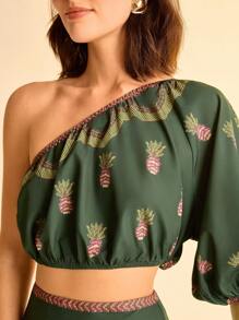 CAJUNI 2pcs/Set Printed Lantern Sleeve Top And Slit Hem Skirt - Multicolor - View 5