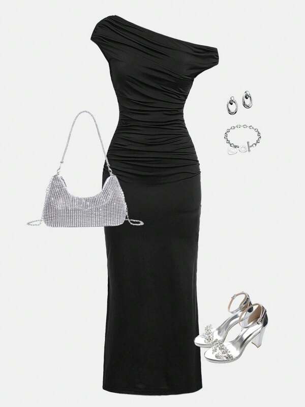 SHEIN Girlism Teen Girls' Elegant & Casual, Solid Black, Knitted, Asymmetrical Neck Dress,Summer Dress Graduation Dress