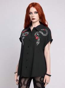 ROMWE Goth Blusa de mujer con bordado de estilo gótico de serpiente y flores
