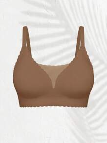NudeFit 1 Pc Casual Mesh Patchwork Solid Color Wavy Hem Adjustable Wireless Removable Padded Bra For Women - Khaki - View 5