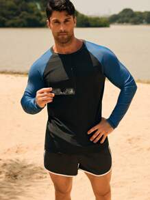 Manfinity Swimmode Men's Casual Outdoor Beach Round Neck Long Sleeve Rash Guard - Multicolor - View 6