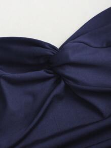 Sweetra 女士网眼拼接修身优雅扭纹抹胸长裙，通勤风格 - 藏蓝色 - 查看 4