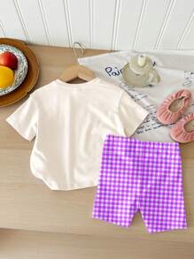 SHEIN 2件套女童休闲简约短袖短裤套装，适合夏季