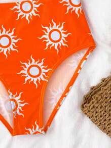 SHEIN Tween Girl Knit Hollow-Out One-Piece Swimsuit With Sun Pattern - Orange - View 4