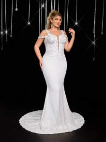 Glamrae Váy cưới ren chắp vá sang trọng cổ chữ V màu trắng lãng mạn cỡ lớn thêu hạt sang trọng eo xuyên thấu tôn dáng thon thả tinh tế 3D đính kết đuôi cá viền đuôi dài mới lạ, thích hợp cho bãi biển, bãi cỏ, nhà thờ, lễ cưới trong nhà - trắng - Xem 5