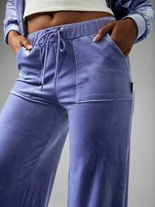 Missguided x Playboy 天鹅绒阔腿家居裤抽绳腰瑜伽休闲裤舒适秋冬裤 - 紫色 - 查看 5