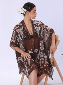 SHEIN Swim Summer New Multi-Color Random Print Boho Beach Vacation Kimono