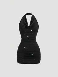 Sweetra Damen neue sexy Kleid mit drapiertem Ausschnitt, rückenfreiem Rücken, plissierter Taille, passt für Glitzer-Party, geeignet für Abschlussfeier, Unabhängigkeitstag, täglichen Weg zur Arbeit