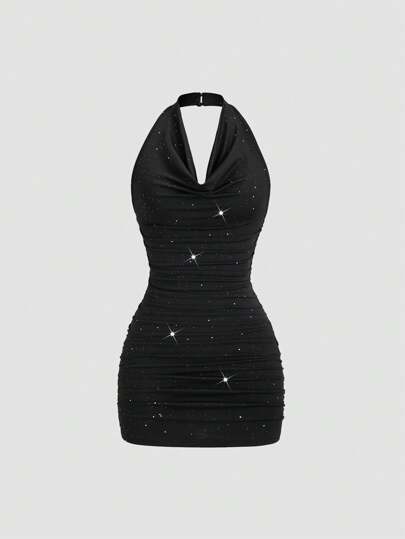 Sweetra Women's New Sexy Draped Neck Backless Pleated Waist Fitted Glitter Party Dress, Suitable For Graduation, Independence Day, Daily Commute