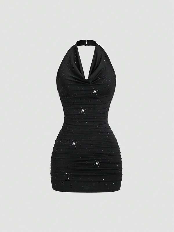 Sweetra Rochie de seară sexy pentru femei, cu decolteu drapat, spate fără spate, plisată, talie înaltă, sclipici, potrivită pentru absolvire, Ziua Independenței, naveta zilnică