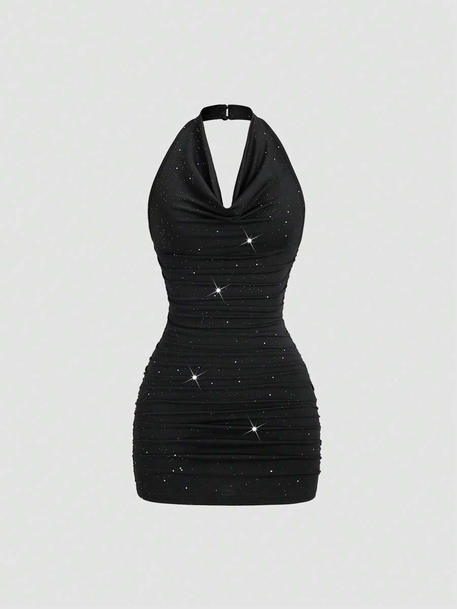 Sweetra Damska nowa seksowna sukienka imprezowa z odkrytymi plecami i plisowaną talią, z drapowanym dekoltem, odpowiednia na ukończenie szkoły, dzień niepodległości i codzienne dojazdy do pracy