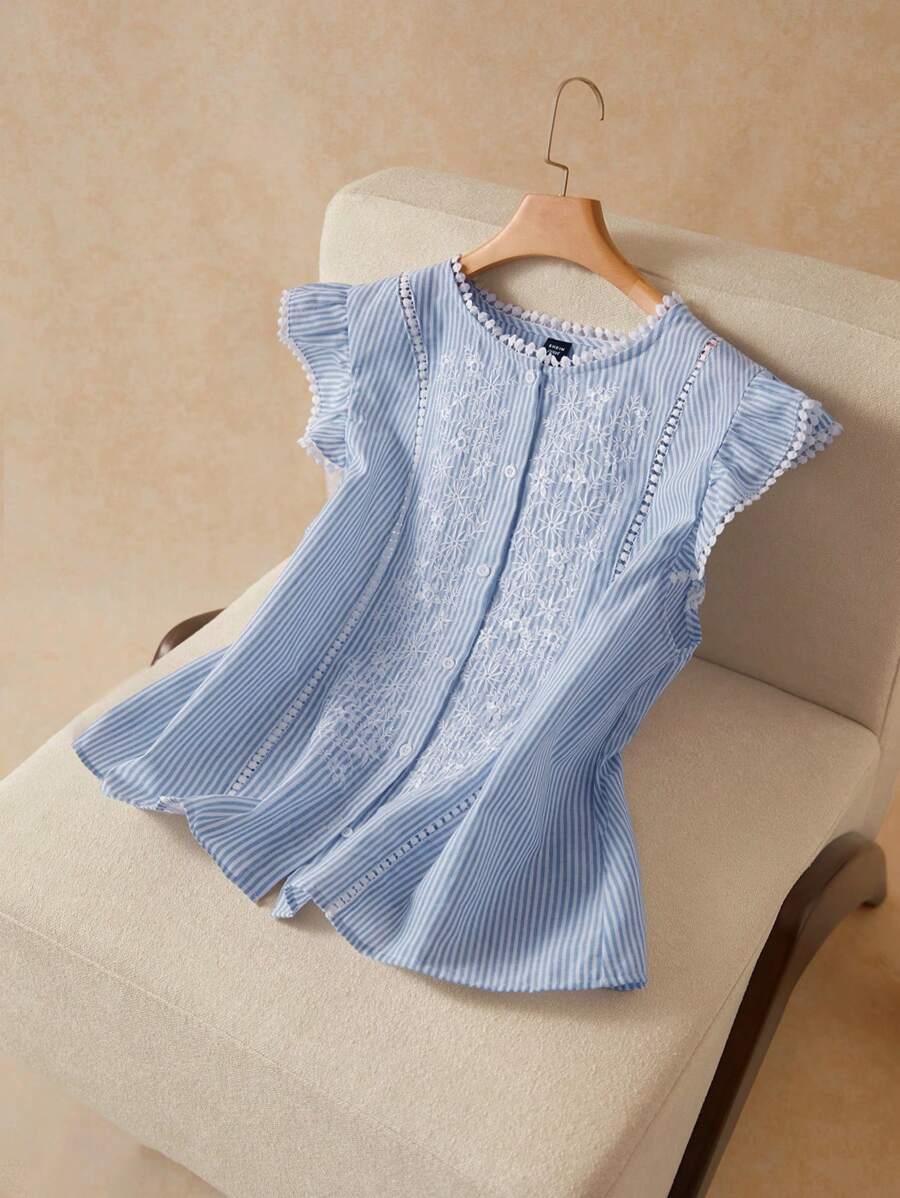 Elaquor Áo sơ mi tay lỡ in họa tiết sọc lãng mạn thời trang cỡ lớn cho nữ - Màu xanh lam - Xem 1
