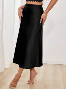 SHEIN PETITE 女士优雅百搭缎面 A 字裙 - 黑色 - 查看 3