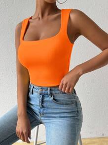 Chiquease 1pc Women's Casual Solid Color Fitted Crop Tank Top With Deep U-Neckline, Summer - Burnt Orange - View 6
