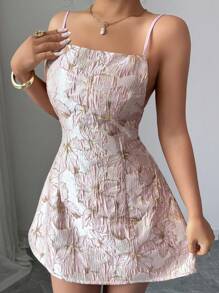 SHEIN Tall 女士高腰无袖连衣裙，3D花卉提花金属面料华丽派对、茶舞会、法式露背镂空公主裙，性感优雅，夏秋季女装返校季