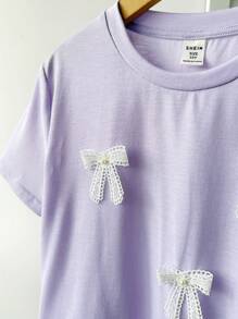 Tween Girls Cute 3D Bow Decor T-Shirt, Versatile Casual Daily Wear For Any Occasion Lilac Teen Shirt Girls Casual Short Sleeve T-Shirt Girls Lace Bow T-Shirt Lavender Tee Purple Girls Tee