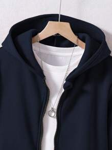 Moletom com Capuz Versátil de Cor Sólida Combinável para Adolescentes Meninos, Elegante para Escola, Campus, Faculdade no Outono/Inverno - Azul Marinho - Visão 5