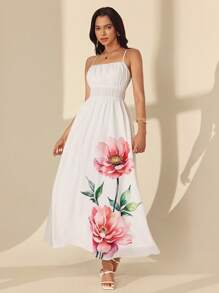 Almamuse Women's Elegant Sleeveless Placement Floral Print Dress - White - View 3